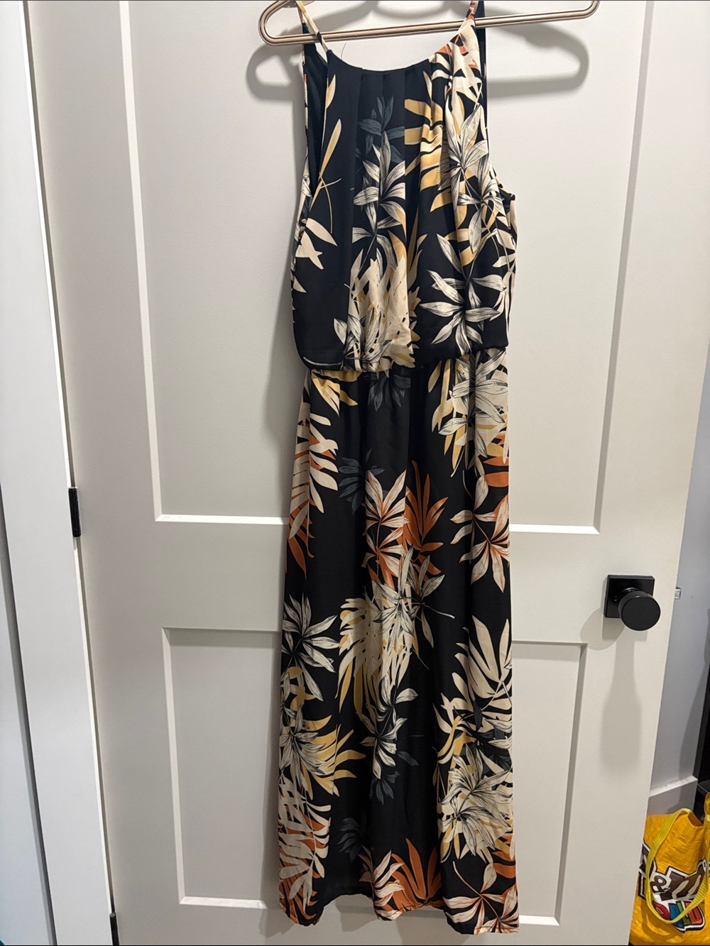 Eclipse Black Tropical Leaf Maxi Dress with Cream and Rust Accents